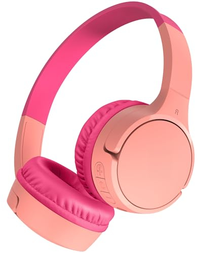 Belkin SoundForm Mini Kids Wireless Headphones with Built-In Microphone, 30H of Playback Time, & Fun Stickers - Over-Ear Headsets for Online Learning, School, Travel, iPhone, iPad, Galaxy - Pink