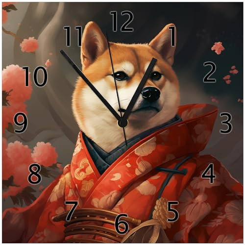 Wallario Design-Wanduhr Samurai Shiba aus Glas, Motiv-Uhr Größe 30 x 30 cm, Schwarze Zeiger