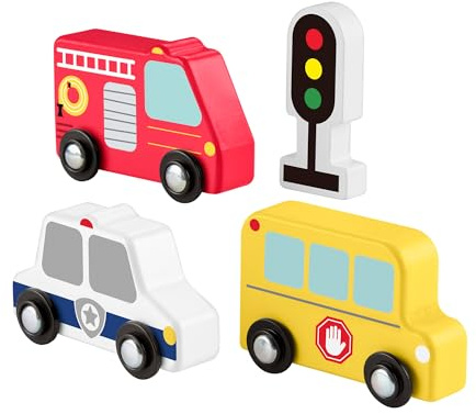 Fisher-Price - Pacchetto Veicoli in Legno, set da 4 pezzi con veicoli a spinta camion dei pompieri, scuolabus, auto della polizia e semaforo incluso, giocattolo per bambini, 2+ anni, JCY32