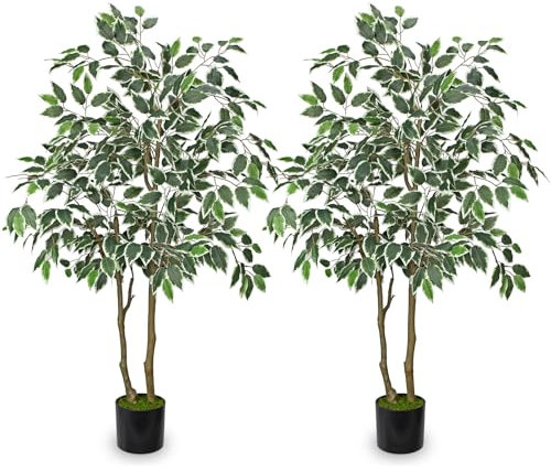 2 Pack Artificial Ficus Tree 4ft Silk Fake Ficus Leaves Plant 120cm Potted Faux Ficus Tree with Decorative Moss Dual Trunks Indoor Outdoor Big Fake Plants with Pot for Home Garden Office Livingroom