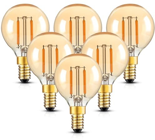 Century Light E14 LED Vintage Edison Glühbirne 1.5 Watt, G40 Filament Tropfenform Birne 15W Ersetzt, 2200K Ultra Warmes Licht Leuchtmittel Für Dekorative,230V,Amber Glas,CRI90+,6 Stück