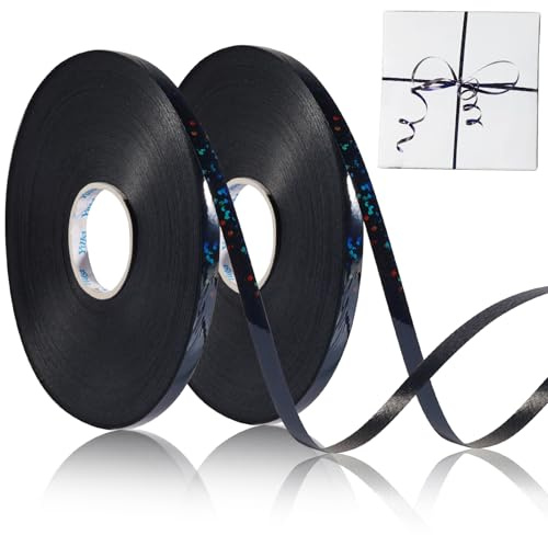 Annickee 2 Rollen Geschenkband Schwarz, 50M 5mm Geschenkbänder Glitzer | Geschenkband Band Laser, Glänzend Schleifenband, Geschenk Band für Luftballons, Geschenkverpackung, Florist, Weihnachten