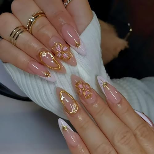 Tressora 24 Pcs Flower Almond Press on Nails Medium Fake Nails with 3D Gold Line Floral Star Designs, White French Nails Press on Nude Pink Acrylic Stick on Nail