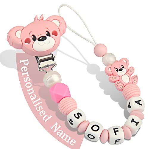 Yolnkos Cadenas Chupetes Personalizado para Bebé con Nombre Teddy Oso Chupetero Niño Chicas(Rosado)