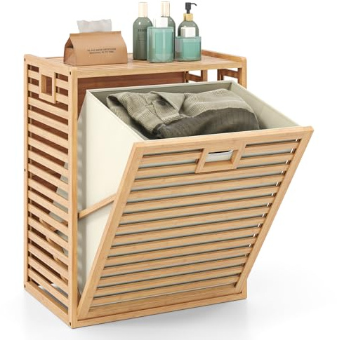 RELAX4LIFE Tilt-out Laundry Hamper, 68L Bamboo Laundry Basket with Foldable & Removable Fabric Liner and Side Handles, Dirty Clothes Sorter Washing Bin Organiser Unit for Bathroom, Bedroom