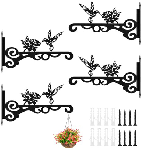 AYESY Supports de Panier à Suspendre pour extérieur, 4 Pcs Noir Support Crochet Plante Suspendues en Fer Forgé Support de Panier Suspendu à Montage Mural Décoration de Panier Suspendu, Motif Colibri