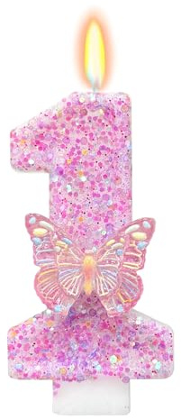 DazzJoy 3D Schmetterling Kerze 1. Geburtstag Mädchen,Rosa Schmetterling Geburtstagskerzen Zahlen,Rosa Geburtstagskerze 1,Glitzer Geburtstag Kerzen Mädchen,Geburtstagsdeko 1 Jahr