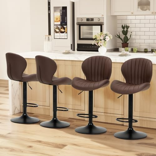 COLAMY Barhocker 4er Set mit Rückenlehne & 360° Drehfunktion, Höhenverstellbar (61-81,5 cm), Küchenhocker aus PU-Kunstleder für Kücheninsel, Esszimmer, Bar, Büro - Brau
