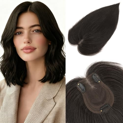 MY-LADY Echthaar Topper Damen Mittelscheitel, Clip In Haar Topper Natürliches Schwarz Pony Haarteil Formt Gesicht 9x12cm Netzbasis(35g)