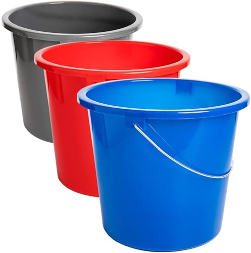 Sustania Mehrzweck Kunststoff Eimer Set - 3er Pack (Grau, Rot, Blau) - 10L Kapazität, 28cm Hoch, 30cm Durchmesser - Vielseitig Einsetzbar für Haushalt und Garten