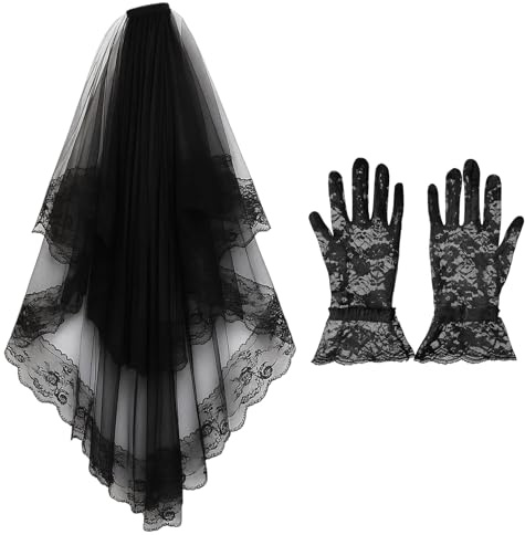 2-Piece Set Black Veil and Gloves, Gothic Bridal Accessories, Lace Trimmed Black Veil and Matching Gloves for Alternative Weddings, Halloween Costumes, Theatrical Performances