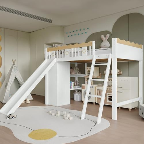 PUGSDRLY Lit Mezzanine 1 Place,Lit Mezzanine Enfant 90x200cm avec Toboggan,Armoires,Étagères,Barrièr Intégrale Raffinées,Sommier à Lattes,pour Enfants Adolescents (C)