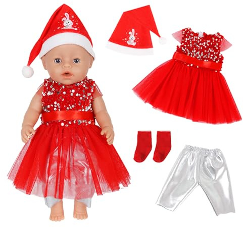 4 Stück Puppenkleidung für 30-45cm Babypuppen Roter Pailletten Weihnachten Kleider Kleidung für 14-18 Zoll Puppen Puppenkleider und Puppenzubehör mit Tüllrock Hose Hut Socken, Geschenk für Mädchen