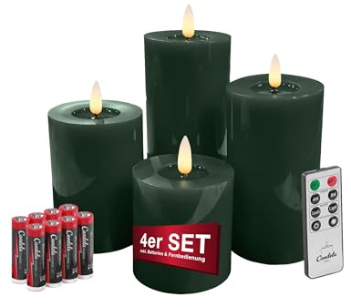 LC Home Candela Lights LED Kerzen 4er Set mit Fernbedienung, Batterien & Timerfunktion LED Echtwachs Kerzen Flammenfunktion & dimmbar Winter Grün