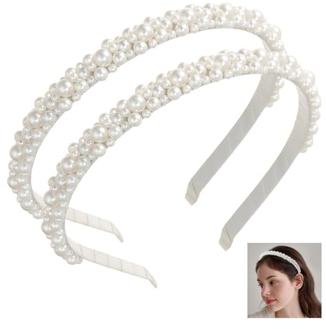2Pcs Perlen Haarreif, Weißer Perlen Haarreifen Damen Edler Haarschmuck Haarreif Weiß Haarreifen für Frauen Retro Braut Haarbänder für Frauen und Mädchen Stilvoller Haarschmuck