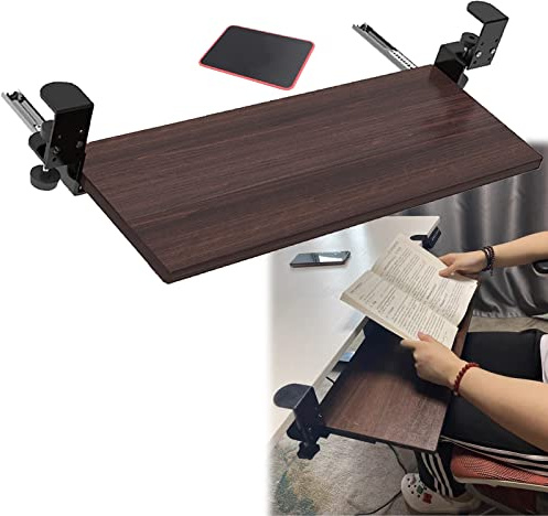 Plateau de clavier réglable noir avec glissières push-pull, tiroir en C sous le bureau, avec tapis de souris – 64 x 24 cm pour un espace de travail ergonomique
