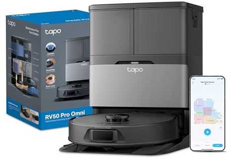 Tapo RV50 Pro Omni 15000Pa Suction Robot Vacuum Cleaner with Mop, All-in-One Dock(60°C Hot Water Wash/Dry), Auto Mop Removal & Hair Cutting Brush, DeepEdge Cleaning, Dual-Laser, Robot Hoover, Alexa