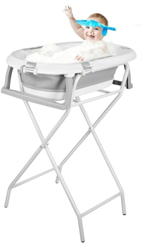 Babybadewanne mit Ständer, XXL Badewanne mit Babyständer – sichere und bequeme faltbare Babywanne, ideal für die Dusche – (Stil 5) 81,5 x 48 x 21 cm – Grau
