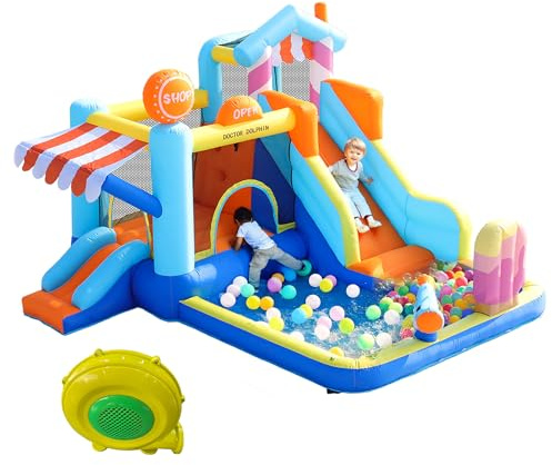 ACAGALA 8 in 1 castello gonfiabile per bambini con ventilatore, parco acquatico all'aperto + trampolino + scivolo d'acqua + fontana, con pistole ad acqua e tenda da sole da negozio, soluzione