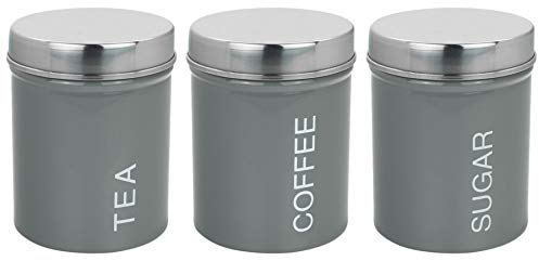 Harbour Housewares Round Metal Tea Coffee Sugar Canisters - Grey - 3pc Set - Retro Kitchen Storage Loose Tea Coffee Beans Granulated Sugar Airtight Container Food Preserve Caddy with Lid