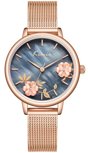 Alienwork Armbanduhr Damen Roségold Metall Mesh Armband Edelstahl Grau Perlmutt-Zifferblatt Elegant