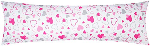 Renforcé Seitenschläferkissen Bezug 40x145cm - Herzen (KY-550-1) | 100% Baumwolle, Kissenbezug, Reißverschluss auf der langen Seite - Kleine und große Herzen