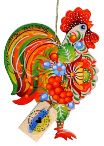 Osteranhänger aus Holz - Hahn Baumschmuck - Kunstvoll Handbemalt mit Feinem Blumenmuster der Petrykiwka-Malerei 11 x 8,5 x 0,5 cm Kunsthandwerk