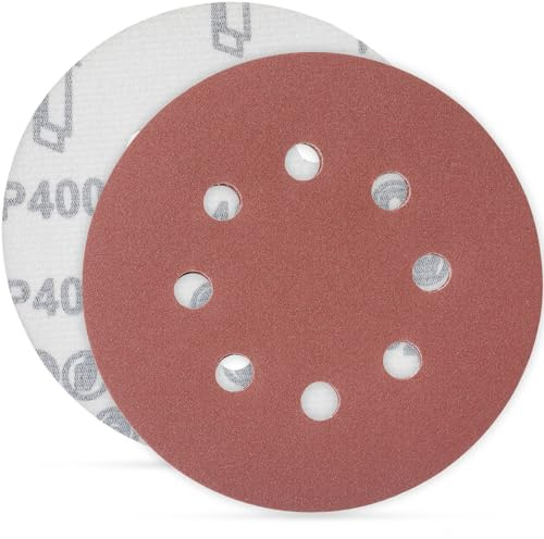 YoiYee 400 Grit Sanding Discs 125mm 8 Hole Orbital Sandpaper 20 Pack | Hook and loop backing, aluminium oxide abrasive, dry sanding wood & metal, fits Makita BO5041 and 5-inch orbital sanders