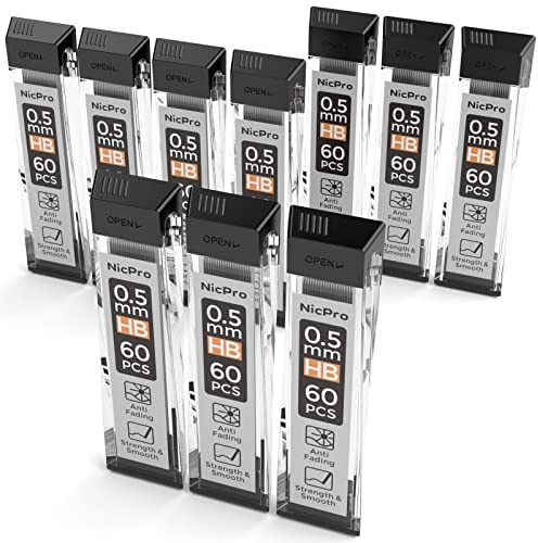 Nicpro 600 Stück Bleistiftminen 0,5 mm HB, 0,5mm bruchfeste Minen für Druckbleistifte Schreiben Zeichnen, 60 Stück/Dosen, 10 Dosen