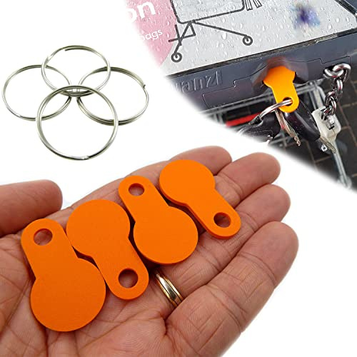 QP3D - Trolley Coin Token Shopping Set of 4 - Supermarket Keyrings Key - UK Pound Coin Cart - £1, Universal Bulk Size - Easy to Use (Orange with keyrings)
