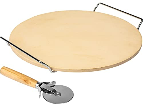 Browin 312009 Pietra rotonda per pizza, diametro 33 cm, pietra in ceramica per cuocere pizza, pane in forno + manico, tagliapizza