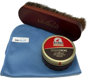 Blkcloud® Pflegepack mit Reinigungstuch, Bürste und Erdal Schuhcreme braun – 75 ml