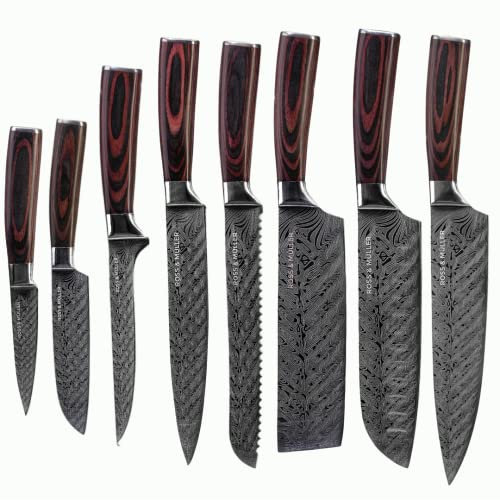 ROSS & MÜLLER – vielseitiges Profi Küchenmesser Set, 8-teiliges Messerset aus hochwertigem & rostfreiem Edelstahl mit Geschenkbox, langlebige Kochmesser mit ergonomischem Griff aus Pakka-Holz