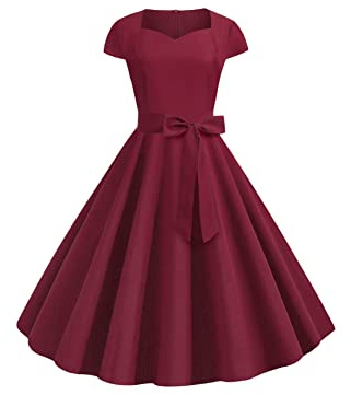 YMING Robe De Cocktail Audrey Hepburn pour Femme Robe Vintage Swing à Col Bénitier Robe Rockabilly Robes à Manches Courtes Vin Rouge XXL