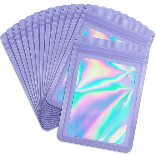 Durimoiy 100 st holografiska påsar förpackningsväskor, återförslutningsbara mylar-påsar foliepåse lila dragkedja för matförvaring, nyckelkedja förpackning för småföretag (8,5 x 16,3 cm)