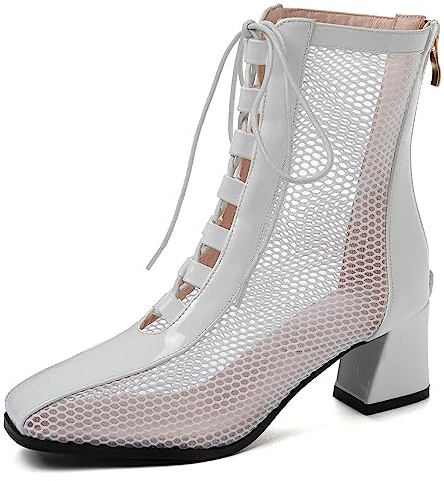 Bviennic Mujer Moda Charol Mesh Botas De Estilo Motero Cordones Respirable Hueco Tacón Ancho Chukka Punta Quadrada Verano Zapatos Blanco Talla 36 Eu