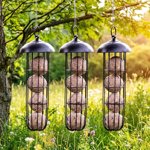 3 Stück Meisenknödelhalter Vogelfutterspender zum Aufhängen XL – Vogelfutterhaus Vogelfutter Futterstation für Wildvögel aus Metall – Futterspender Vögel schwarz – H 29 cm