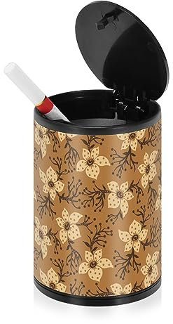 Aschenbecher mit Blumenmuster auf Braun für Zigaretten im Innenbereich mit Deckel, geruchsdicht, Edelstahl, tragbar, rauchfrei, Mini-Mülleimer, Auto-Zigaretten-Aschenbecher für