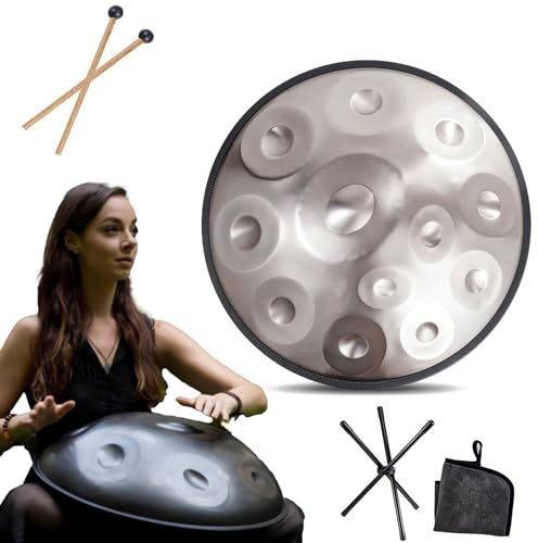 Handpan Instrument - 432Hz/440Hz 9/10/ 12 Noten - 55cm Stahl Zungentrommel - Handtrommel Mit Trommelständer Für Klangheilung (Size : 440Hz, Color : SILVER_12 NOTES)