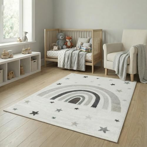 Jimri Kinderteppich DOTS l Pünktchen Gepunktet l Öko-Tex Siegel | Farbe: Beige Blau Rosa | Kinderzimmer/Jugendzimmer (Creme, 120 x 170 cm)