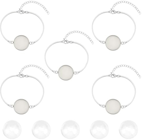 Beebeecraft 1 Box 5 Stück Fassungen Für Armband Lünette Edelstahl Lünette Armbänder Leere Tablett Armreifen 5 Stück 20 mm Flache Runde Transparente Glas Cabochons Für Die DIY Schmuckherstellung