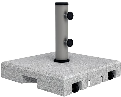 Outsunny Pied de Parasol - Base de lestage en Granit carré pour mât Ø32 Ø38 Ø48 mm 28kg Socle avec 2 roulettes, poignée rétractable - dim. 41L x 41l x 37,5H cm
