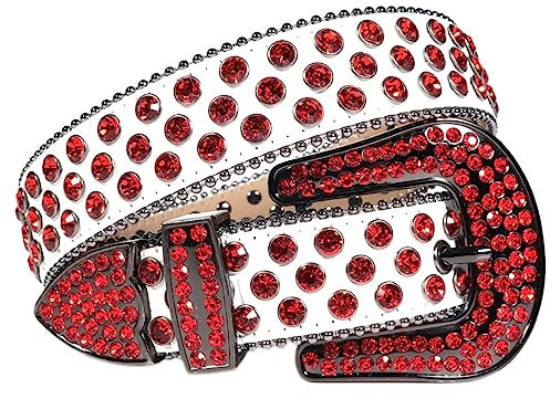 Western-Strass-Gürtel für Damen und Herren, Diamant-Nieten, luxuriöse Kristallschnalle für Jeans, Vintage-Nietengürtel, weiß / rot, 46(waist35-37inch)