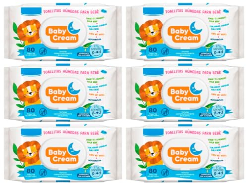 Acan Tradineur - Pack de 6 Paquetes de Toallitas húmedas para bebé Baby Cream - Incluye 80 Unidades por Paquete - Material Natural - Incluye Tapa.