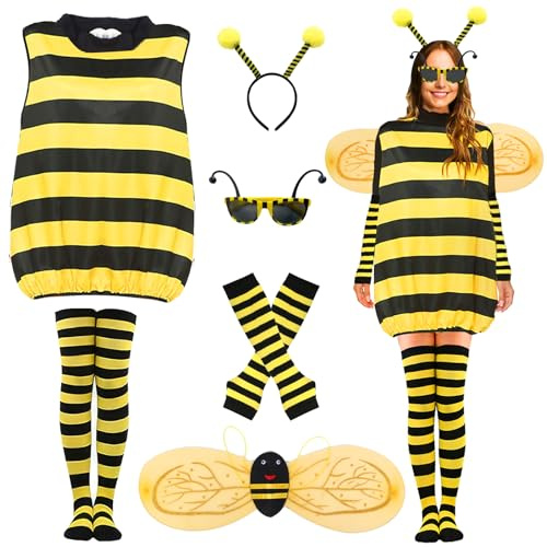 Boyigog Bienen Kostüm Kit für Damen (Erwachsene) mit Stirnband, Handschuhen, Fußsocken, Brille, Flügeln, Bienen Kostüm für Damen Bienen Kostüm für Fasching, Tägliche Aufführungen, Festtagsgeschenke L