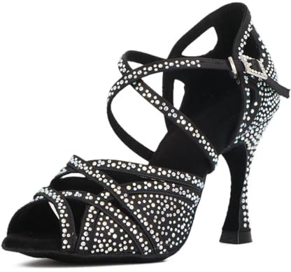 Syrads Donne Strass Scarpe da Ballo Sala Latino Salsa Danza Tacchi Scarpe Peep Toe Cross Strap Scarpe Donna,Nero 9cm Heel,36 EU