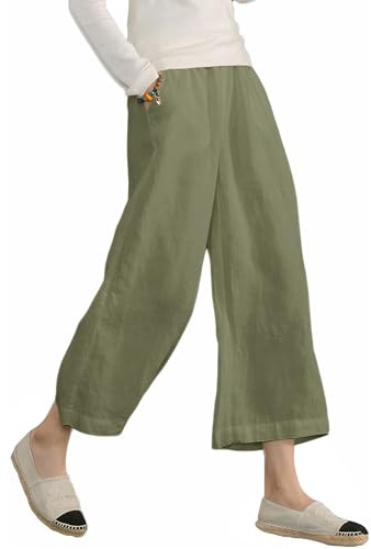 ECUPPER Womens Plus Size Capri Pants Elastic Waist Cotton Relaxed Loose Casual Cropped Trousers Army Green 22