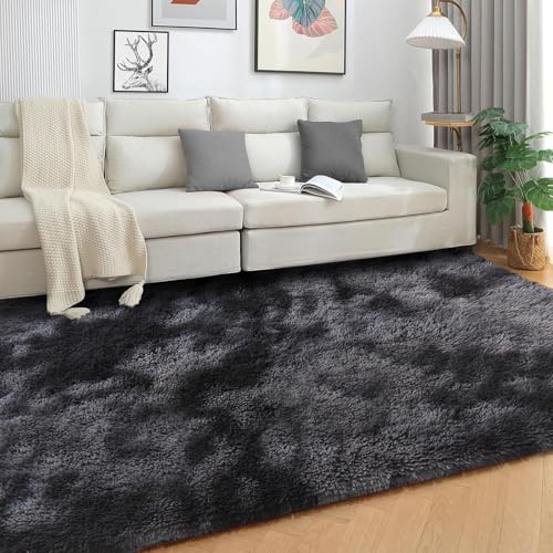 XUEDNGM Teppich Schlafzimmer Flauschig 80 x 120 cm Langflor Wohnzimmerteppich rutschfest Fellteppich Anti-Rutsch Unterseite, Weich, Pflegeleicht, Robust, Flauschige, Dunkelgrau