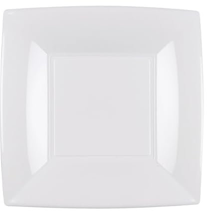 Monouso | 15 Platos LLanos Cuadrados de Plástico PP, 18x18cm, Blanco, Apto para Lavavajillas y Microondas, Reutilizables, Hasta 125 usos, Plástico Duro, Reciclable, Eventos, Catering, Cocina.