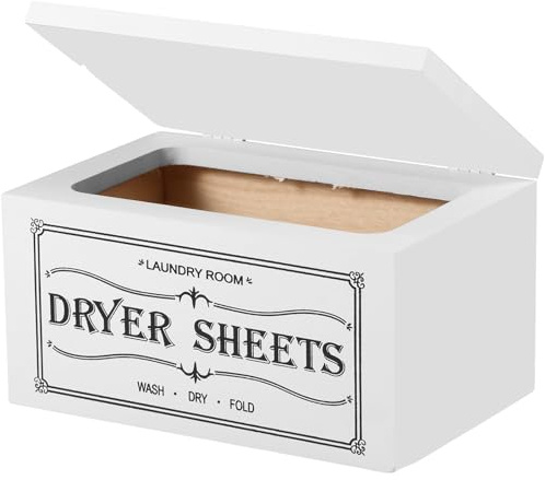 uk Wooden Dryer Sheet Holder With Lid Large Capacity Dustproof Softener Sheets Dispenser Easy Access Multipurpose Dryer Sheet Storage Box for Laundry Room Bathroom .(white)